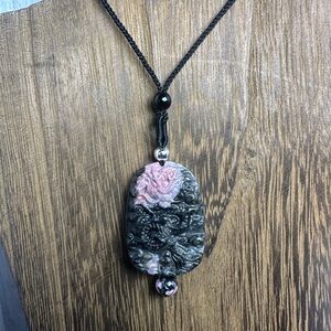 Rhodonite Dragon Pendant Necklace on Black Adjustable Rope